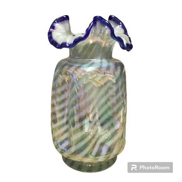 Fenton Iridescent Swirl Blue Crest Glass Pinch Vase - Picture 2 of 5